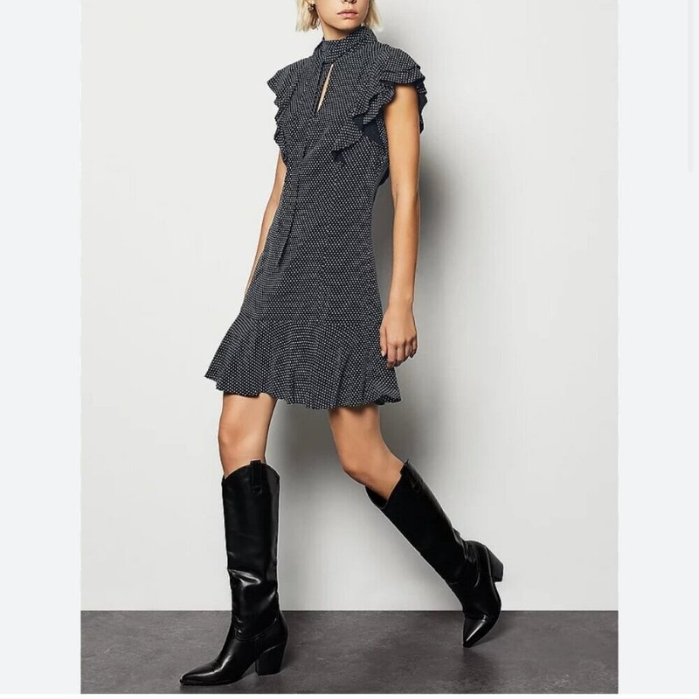 Karen Millen Black White Ruffle Keyhole Tie Neck Dress Size 6 - Picture 2 of 9